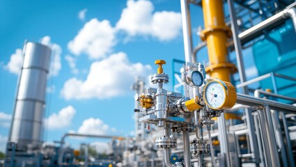 Fototapeta premium Exploring the Intricacies of Modern Industry: A Close-Up View of Precision-Engineered Pressure Gauges and Valves Against a Vivid Blue Sky with Fluffy Clouds