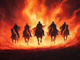 Fototapeta premium A dramatic scene featuring horse riders emerging from fiery flames, symbolizing power and intensity in the wild west.