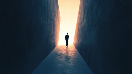Fototapeta premium A solitary figure stands at the end of a narrow passage, illuminated by a bright light, creating a sense of mystery and contemplation.
