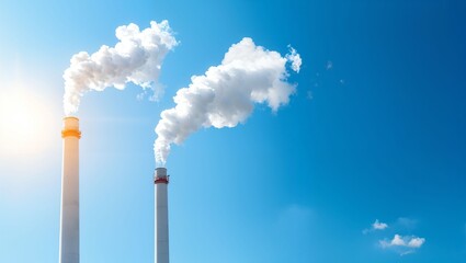 Majestic industrial towers rising high into the clear blue sky, releasing plumes of white smoke amidst the brightness of the sun, embodying both progress and environmental concerns.