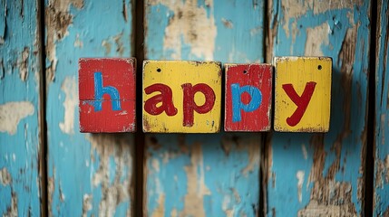 a wooden block spelling happy on a blue background