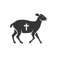 A minimalist white lamb standing calmly, with a small, simple cross 