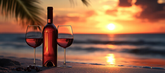 Obraz premium Seashore sunset with wine bottle and glasses