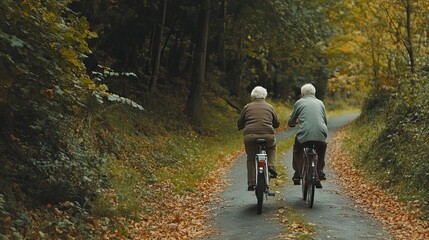 Fototapeta premium Two Elderly People Riding Bikes on a Forest Path