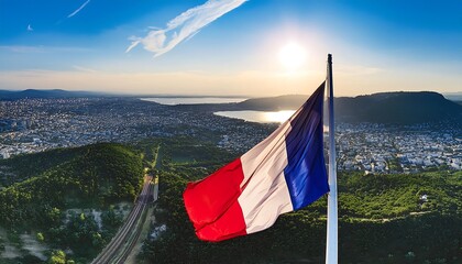 Swiss flag fluttering proudly atop a snow-capped mountain, its red cross contrasting against the clear blue sky