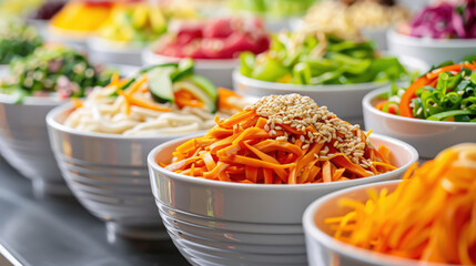 Freshly prepared noodles topped with vibrant vegetables and sesame seeds create colorful and appetizing display. This showcases variety of fresh ingredients, perfect for healthy meal