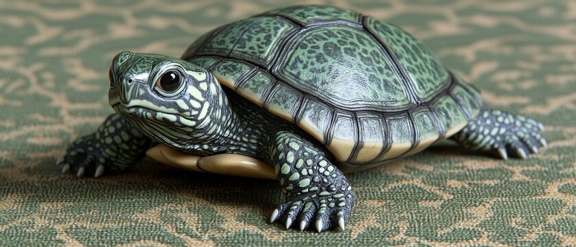 Adorable Turtle on a Patterned Tablecloth