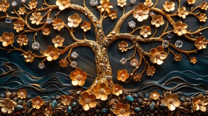 Obraz premium A stunning golden tree with embellished flowers and crystals stands out against a deep, textured backdrop, showcasing exquisite craftsmanship and elegance