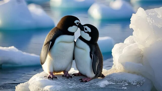 Two penguins showing affection on an iceberg in antarctica
