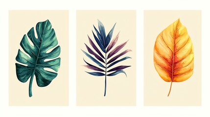 Colorful botanical illustrations in minimalist style Colorful leaves on a light background