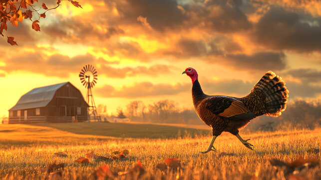 A turkey running across an open field with a barn and windmill in the distance during Thanksgiving.