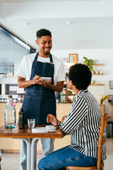 Bakery, happy portrait of black woman in cafe ready for serving pastry, coffee and baked foods....