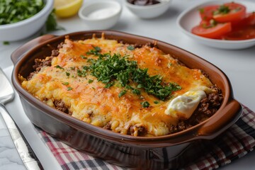 A dish of escondidinho de carne, a layered casserole with shredded beef and creamy mashed cassava, topped with melted cheese