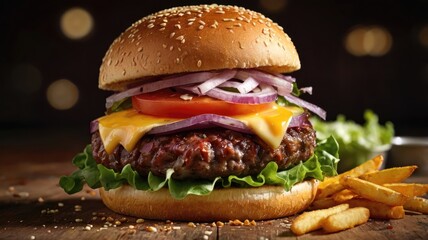 gourmet juicy beef burger with crispy golden fries