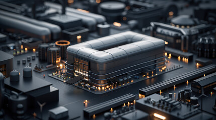 Futuristic hydrogen facility powered by renewable energy, showcasing advanced architecture and technology in modern industrial setting. design emphasizes sustainability and innovation