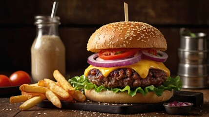 gourmet juicy beef burger with crispy golden fries