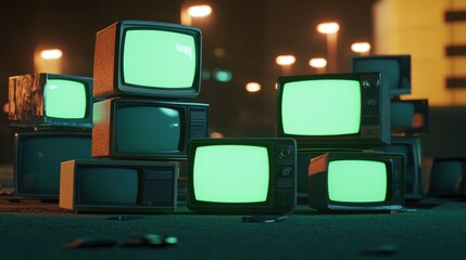 stacks of old televisions with green screen, american backgrounds at background