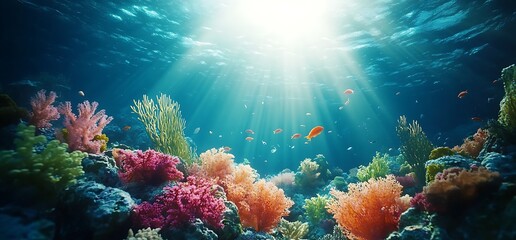 Obraz premium Sunbeams shine through blue water onto a coral reef.