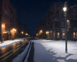 a snowy street at night scene background