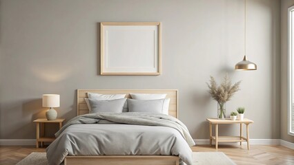 Silhouette wall art mockup on light gray wall with light wood frame in horizontal beige