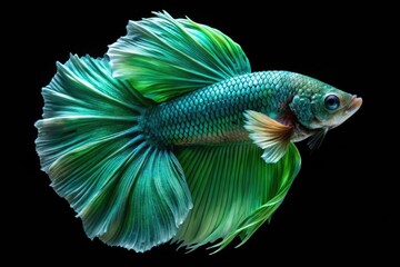 Fototapeta premium Vintage Style Close-Up of a Stunning Green Betta Fish - Siamese Fighting Fish Portrait, Betta Splendens, Isolated on Black Background, Aquatic Beauty, Colorful Fish Photography