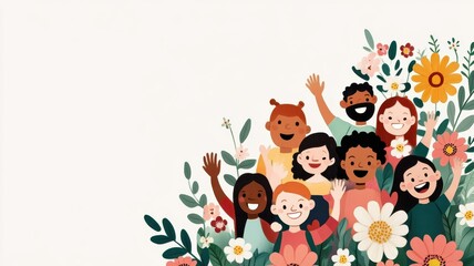 Naklejka premium A joyful group of diverse people celebrating together among flowers, representing unity, friendship, and happiness.