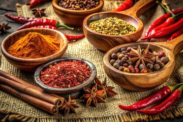 Fototapeta premium Vintage Style Photography of Organic Spices and Herbs, Featuring Chili Pepper Flakes, Star Anise, and a Colorful Mix of Seasonings in Rustic Setting
