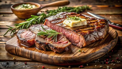 A Sizzling Steak with Rosemary and a Pat of Butter on a Wooden Cutting Board