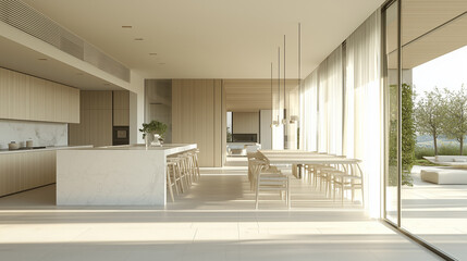 Obraz premium Minimalist kitchen and dining area with marble island and large windows overlooking garden.