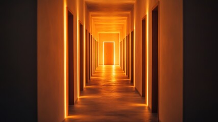 Fototapeta premium A mesmerizing hallway illuminated by soft orange light, creating a serene and inviting atmosphere for exploration.