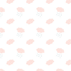 Cute kids seamless pattern of pink clouds and raindrops on white background. Wallpaper, wrapping, children textile, fabric