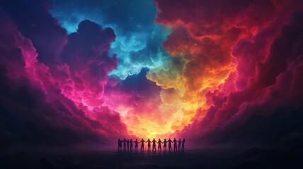 A mesmerizing scene of silhouetted figures against a vibrant, colorful sky, evoking feelings of wonder and unity.