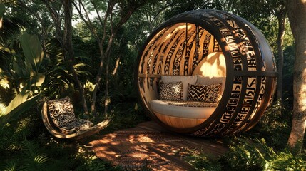 A serene tribal-inspired relaxation pod
