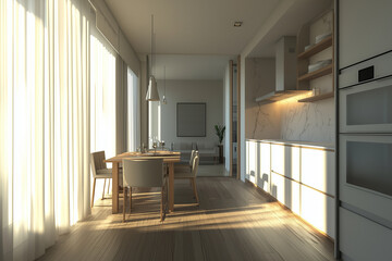 Fototapeta premium Minimalist kitchen and dining area with natural light and wood flooring.