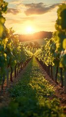 Fototapeta premium Bright Vineyard with Green Grass