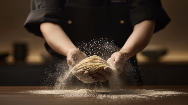 Handmade noodles being prepared with flour, showcasing art of cooking. chefs hands skillfully knead dough, creating beautiful texture amidst cloud of flour