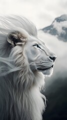A majestic white lion stands tall against the backdrop of distant mountains, its flowing mane resembling swirling smoke