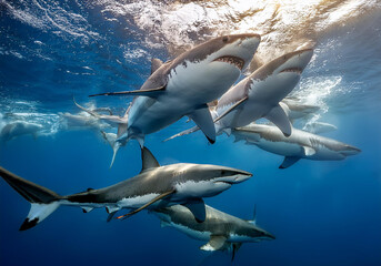 Fototapeta premium Weiße Hai (Carcharodon carcharias) Gruppe unter Wasser