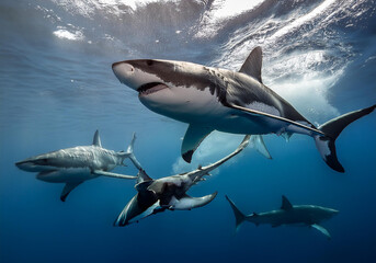 Obraz premium Weiße Hai (Carcharodon carcharias) Gruppe unter Wasser