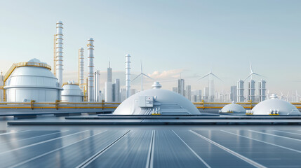 Futuristic hydrogen production facility with advanced technology, solar panels, and wind turbines. skyline features modern buildings, showcasing sustainable energy future