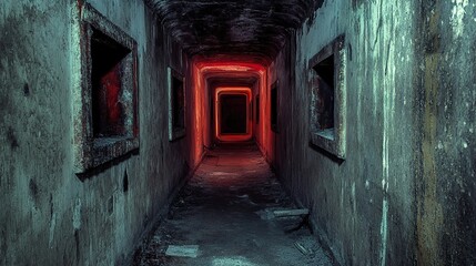 Obraz premium Eerie Red Light in an Abandoned Corridor