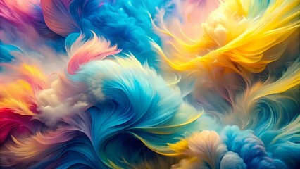A swirling abstract painting of blue, pink, and yellow, with a cloud-like texture.