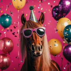 Party animal! Colorful photo of funny, happy horse  on pink / fuchsia background. Ballons, confetti, happy mood. Birthday celebration banner.  Square frame