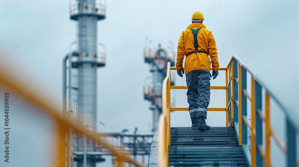 Sticker worker in yellow safety jacket and helmet ascends staircase at petrochemical facility, showcasing industrial environment and commitment to safety