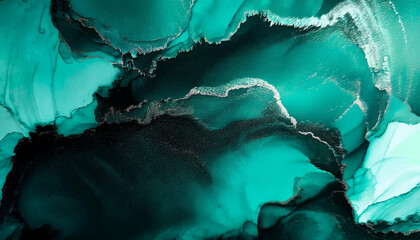 Black emerald jade green abstract pattern watercolor background. Stain splash rough daub grain grunge. Dark shades. Water liquid fluid. Design. Template.