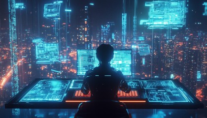 A neon-lit control room overlooking a futuristic cityscape at night, featuring a coder working on digital screens.