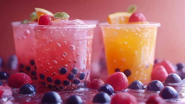 Colorful bubble tea in plastic cups with fresh berries, ice, and mint