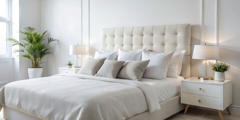 Minimalist White Bed with Clean Linens in Serene Modern Bedroom - Macro Photography of Tranquil Interior Design, Cozy Atmosphere, Bright and Airy Space, Elegant Home Decor