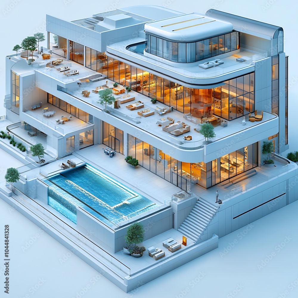 Poster comprehensive 3d render of convention center from a top view including spacious event halls and seve