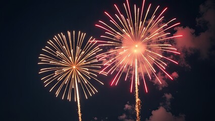 banner fireworks in the dark blue sky in the background